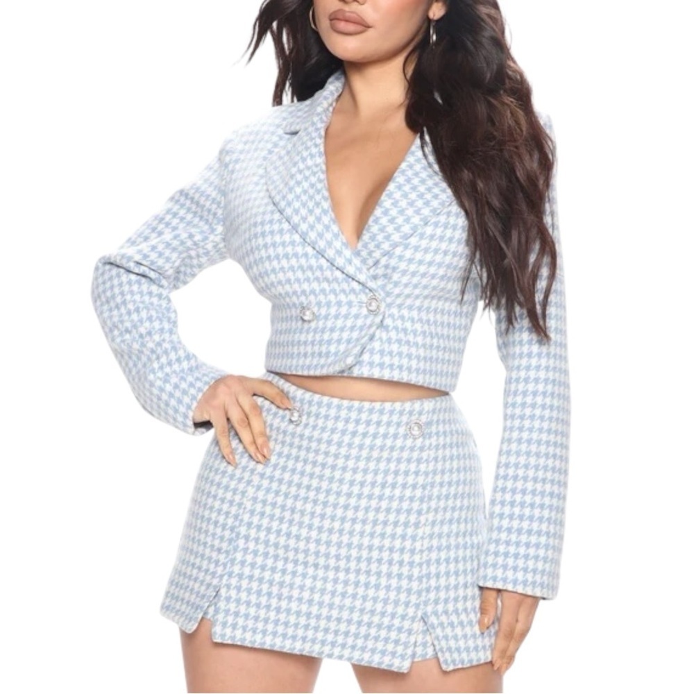 Fashion Nova Harley Light Blue Houndstooth Blazer Skort Set